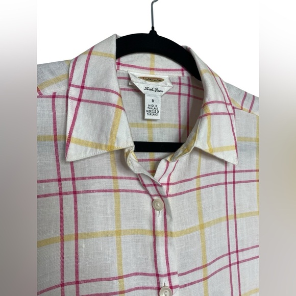 Vintage Talbots Irish LINEN button down pastel pink/yellow plaid flowy shirt SZ8 - Picture 2 of 10
